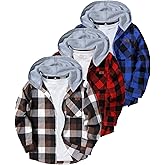 GEEK LIGHTING 3 Pack Boys Girls Plaid Flannel Shirts Unisex Kids Long Sleeve Casual Button Down Shirts with Hood