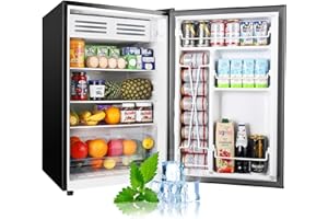 Upstreman 4.5 Cu.Ft Mini Fridge with Freezer, Single Door Mini Refrigerator, Adjustable Thermostat, Low Noise, Energy Saving, Small Refrigerator for Bedroom, Dorm, Office, Black, FR45
