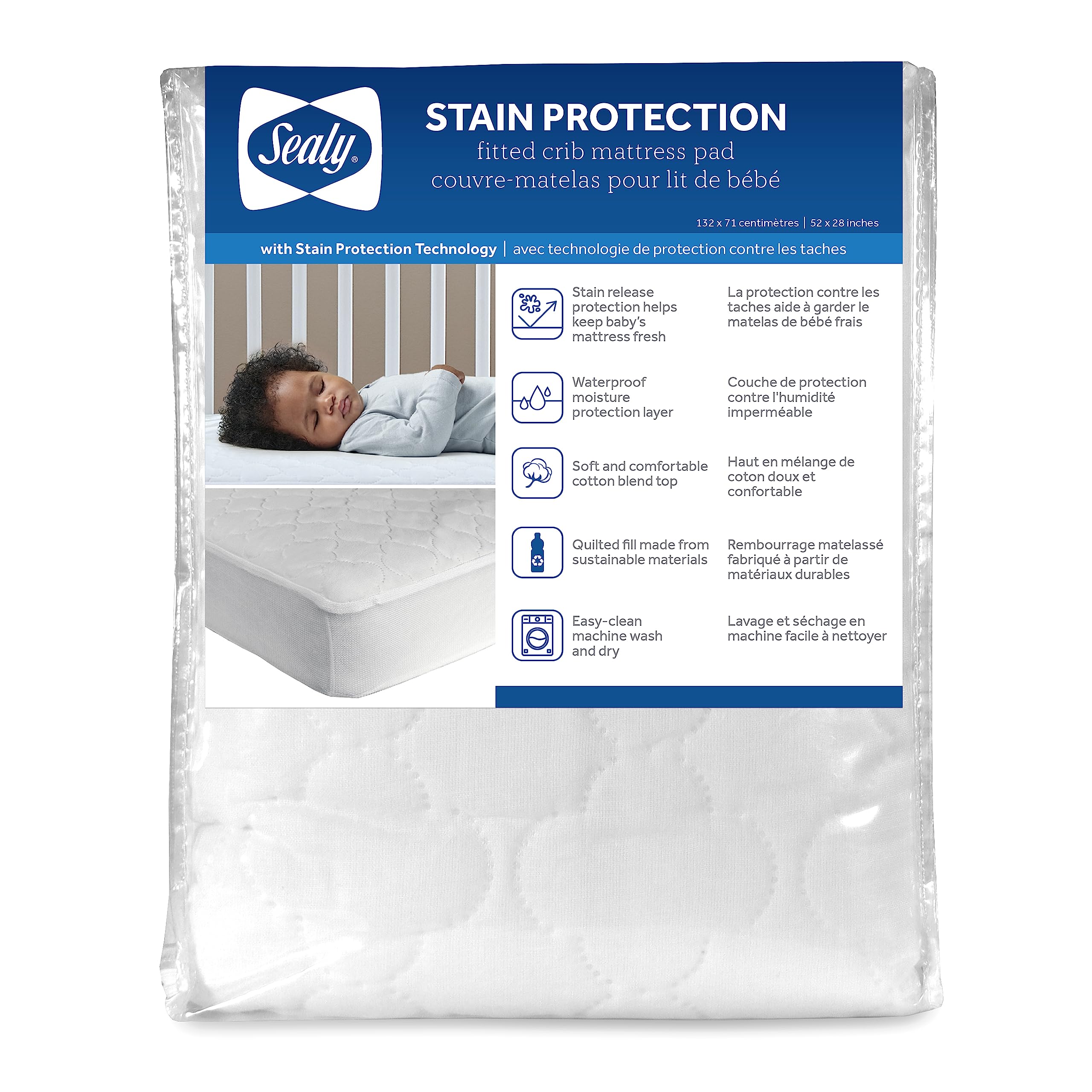 Photo 1 of Sealy Baby Stain Protection Waterproof Crib Mattress Protector Cover, Fitted Toddler Bed Pad, Protective Sheet for Boys and Girls Bedding, Noiseless & Machine Washable/Dryer Friendly 52x28 - White