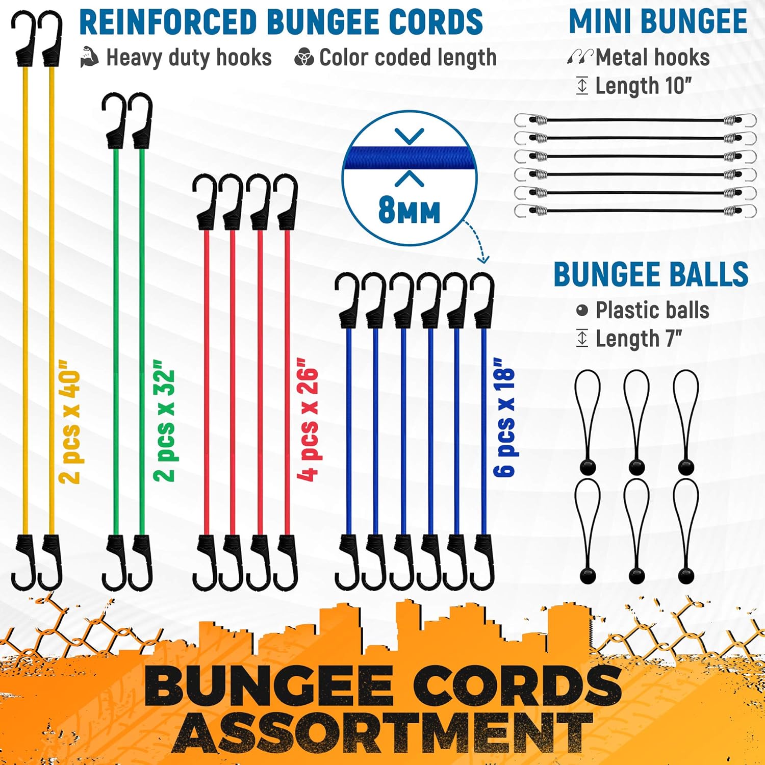 Vehiclex Bungee Cords & Cam Buckle Straps, 32 PCS Tie-Downs Assortment – Multiple Sizes and Uses – Mini Cords & Bungee Balls, Tarp Clips & A Handy Carrying Bag: Automotive