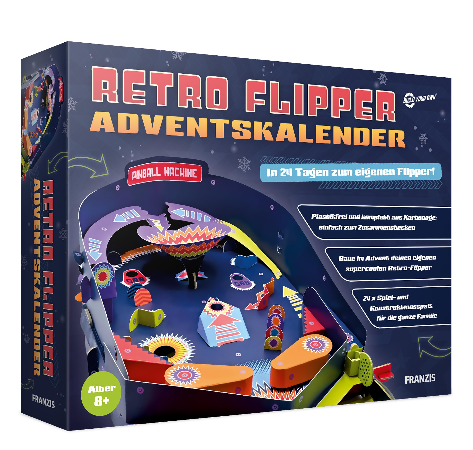 FRANZIS 67210 Retro Flipper Advent Calendar, in 24 Days to Own Fully Functional Pinball Machine, Plastic-Free, for Children from 8 Years
