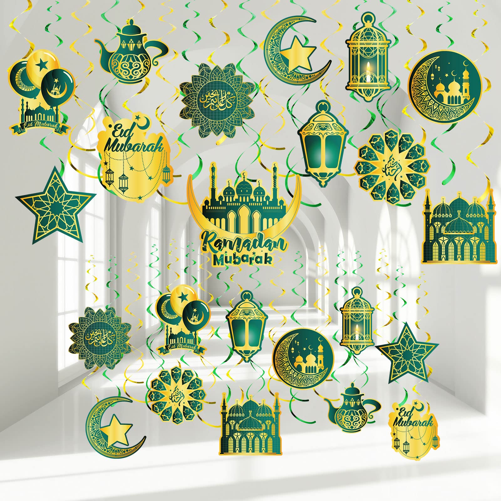 Zonon 30 Pieces Eid Ramadan Mubarak Decorations for Home Hanging Swirl Streams Ceiling Decor Star Moon Lantern Shining Foil Decor for Eid Al-fitr Party Egyptian Supplies(Dark Green and Gold) โ image 1