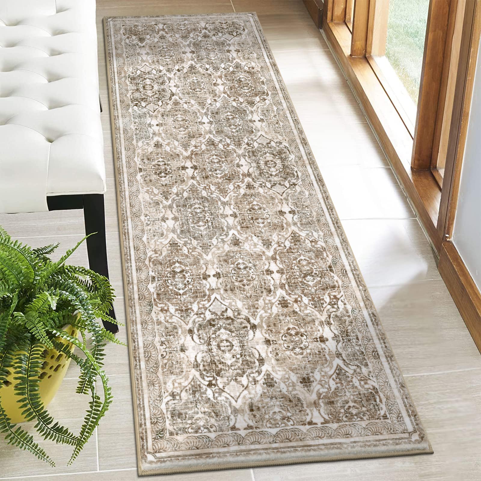 Vaukki Hallway Runner Rug, Vintage Shaggy Soft Laundry Rug Runner, Non Slip Entryway Runner Mat, Washable Farmhouse Kitchen Area Carpet for Bathroom, Entryway and Bedroom (2' X 6', Multi-Brown) Image