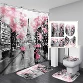 Chrainy 4pcs Paris Tower Pink Shower Cutain Set Bathroom Decor with Rugs | Waterproof Eiffel Bath Curtain for Bathroom Washroom with Non-Slip Rug, U-Shaped Mat, Toilet Lid Cover and 12 Hooks, 71*71 in