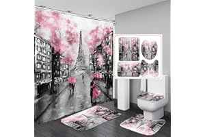 Chrainy 4Pcs Paris Eiffel Tower Pink Shower Curtain Sets Bathroom Set Decor with Non-Slip Rugs Bath U-Shaped Mat Toilet Lid Cover Waterproof Valentine Bathroom Curtains Shower Set with 12 Hooks