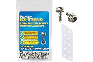 EZ-Xtend Stainless Steel Screws Marine Grade Boat Cover Snaps 5/8" #10 Big Hole Snap Button Kit Includes 10 pcs Screw in Snap Fasteners and 10 Flex Clear PVC Vinyl Backing Washers Boat Canvas Snaps