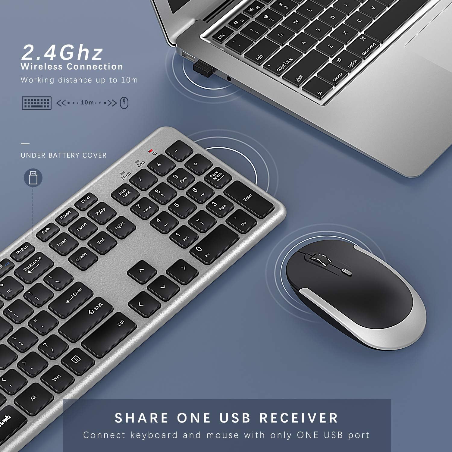 Wireless Keyboard and Mouse, Jelly Comb 2.4GHz Ultra Thin Full Size Wireless Keyboard Mouse Combo Set with Number Pad for Computer, Laptop, PC, Desktop, Notebook, Windows 7, 8, 10 (Black and Silver): Computers & Accessories