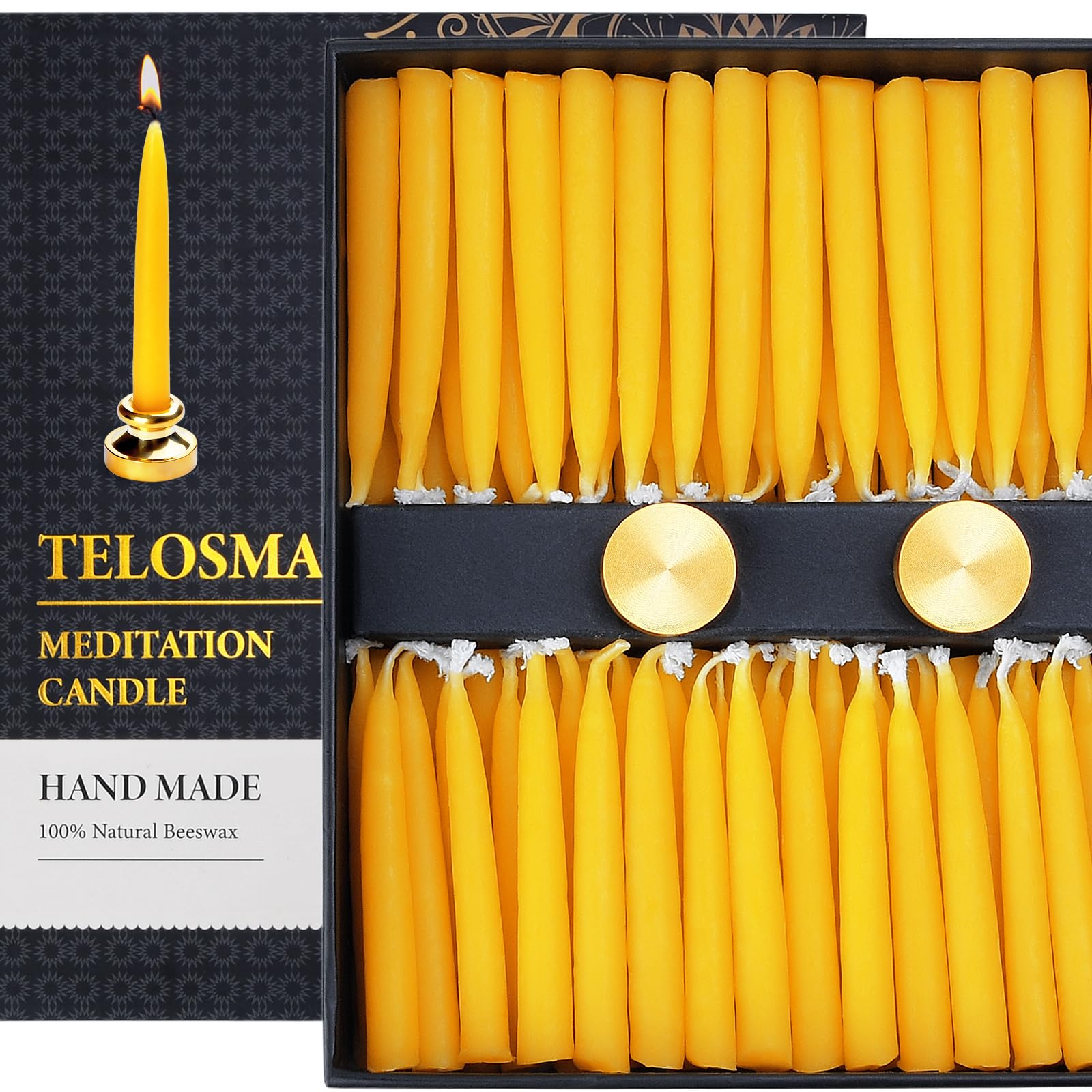 Photo 1 of 100-Pack Pure Beeswax Meditation Candles –20 Minute Bees Wax Candles, 0.28 inch Thin Mini Taper Candle, Relaxation Candles for Prayer, Yoga, Spiritual Practices – Includes 2 Holders – Yellow