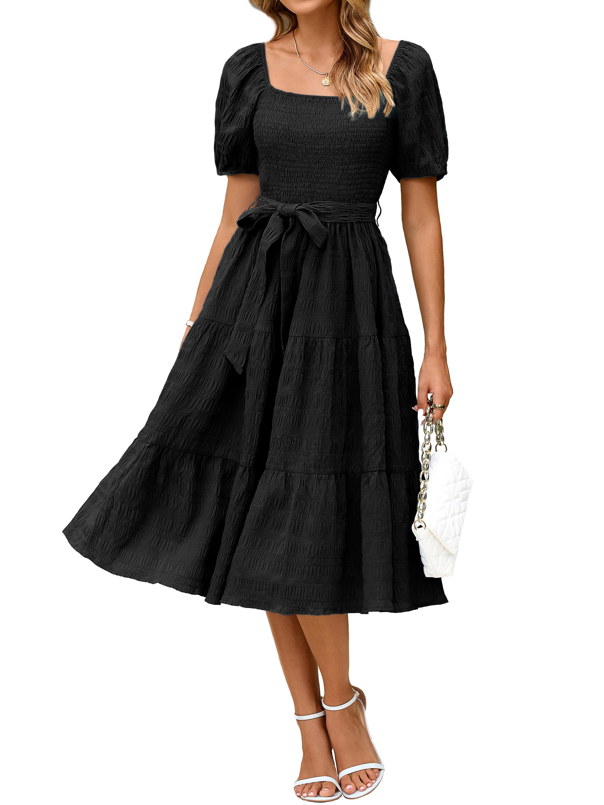 Photo 1 of (small) (bagged) BerryGo Women's Summer 2025 Casual Smocked Midi Dress Square Neck Modest Puff Sleeve Flowy Beach Dress Black S