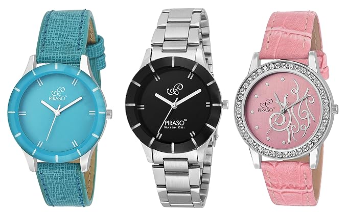 PIRASO Analogue Blue Black Pink Dial Combo of 3 Watches - Pw3-06-For Women's