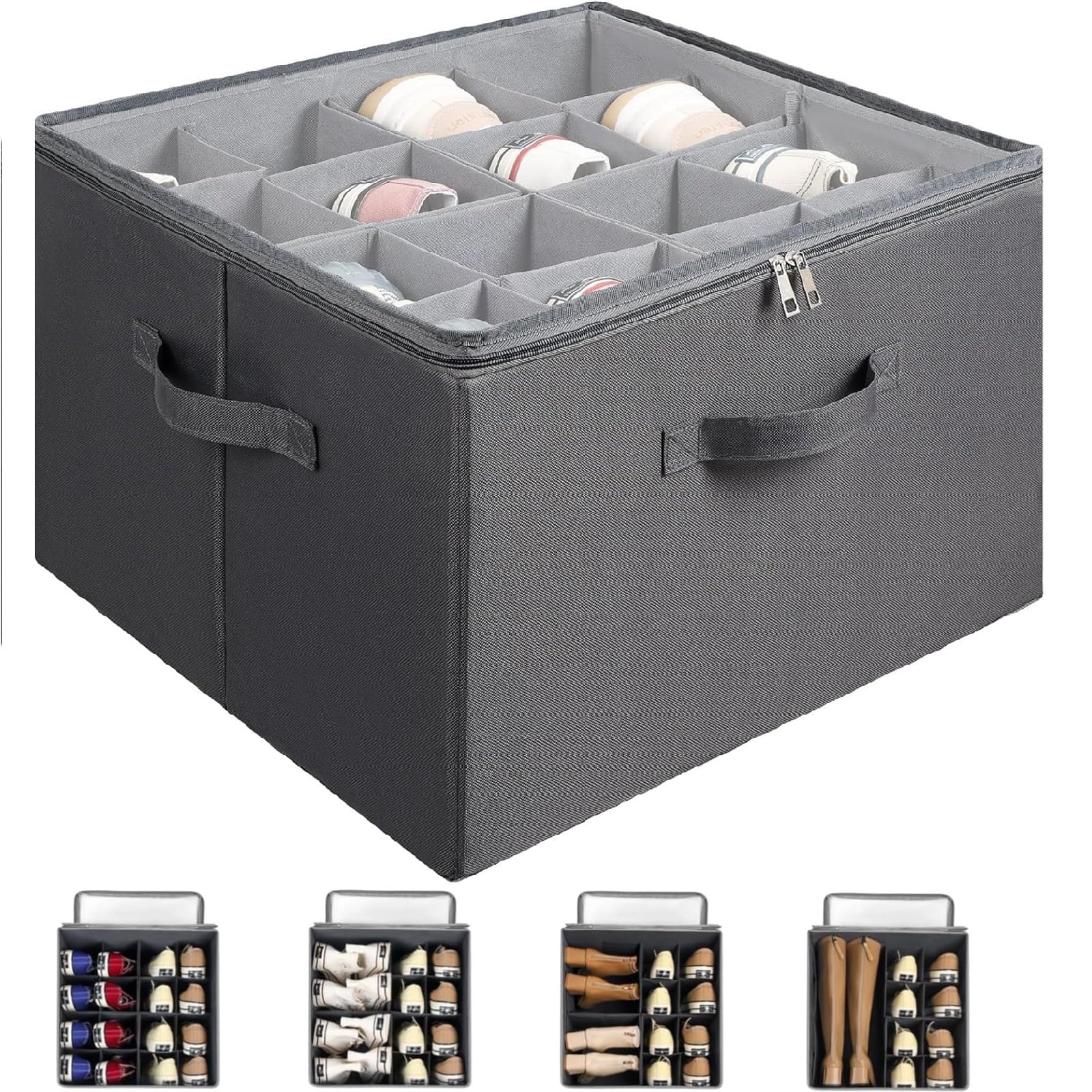 Shoe Storage Organizer for Closet Fabric Shoe Storage Bins with Adjustable Dividers Clear Cover Foldable Space Saving Shoes Holder Fits up to 16 Pairs
