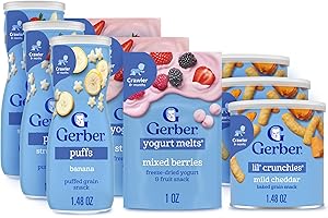 Gerber Strawberry Yogurt Melts, Mixed Berries Yogurt Melts, Banana Puffs, Strawberry Apple Puffs, Mild Cheddar Lil' Crunchies, 9-Pack