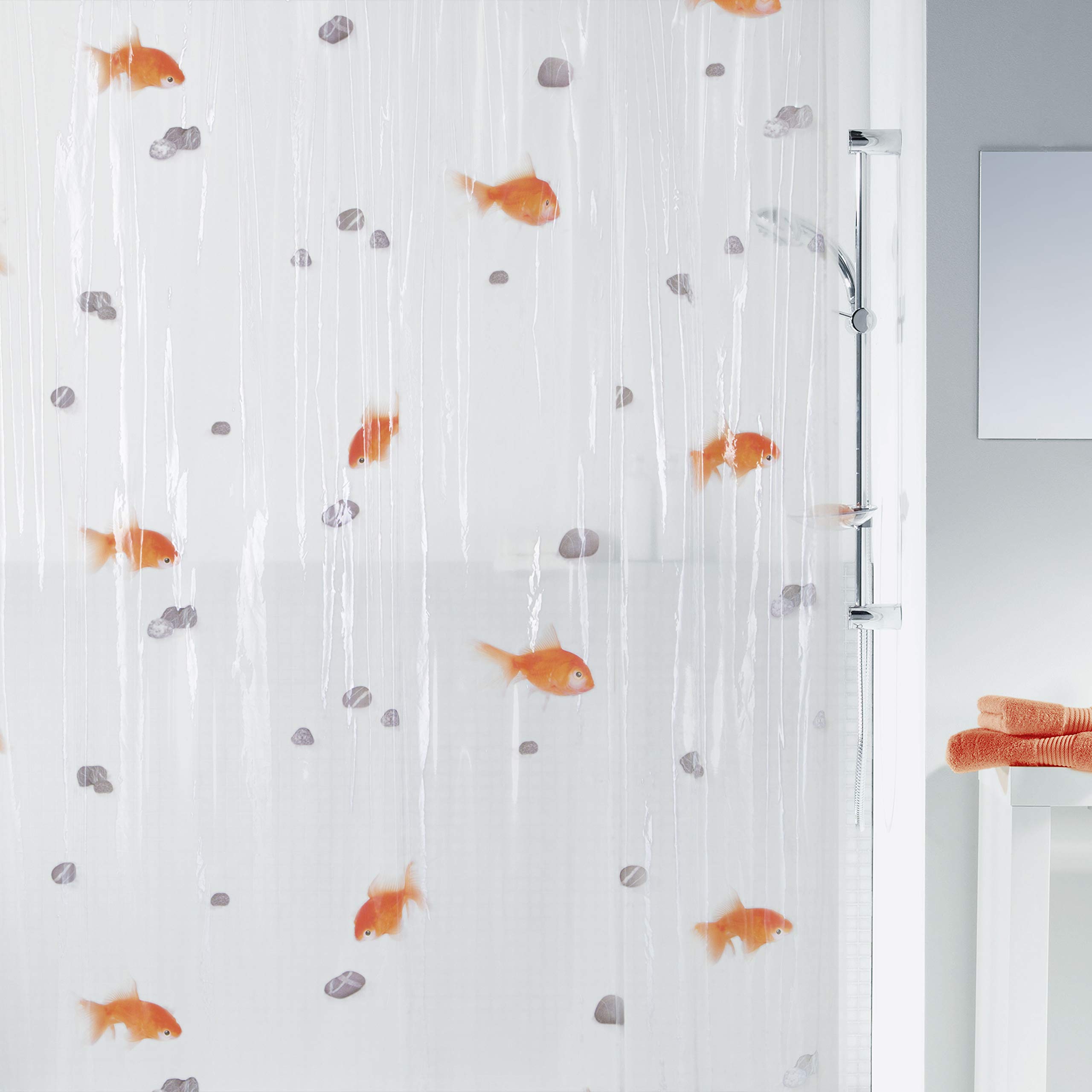 Spirella Goldfish Orange Plastic Shower Curtain 100% PVC Transparent Orange 180 cm x 200 cm