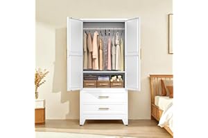 PAOFIN White 71" Metal Armoire Wardrobe Closet, Bedroom Clothing Storage Cabinet with 2 Drawers and Hanging Rod, Freestanding Armoire Cabinet with Adjustable Shelves
