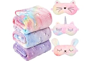 Fanfanwin 6 Pcs Sleepover Party Supplies for Girls, 3 Glow in The Dark Unicorn Blanket and 3 Plush Eye Mask Covers for Sleeping Slumber Sleepover Spa Party Birthday Christmas Valentine Gifts