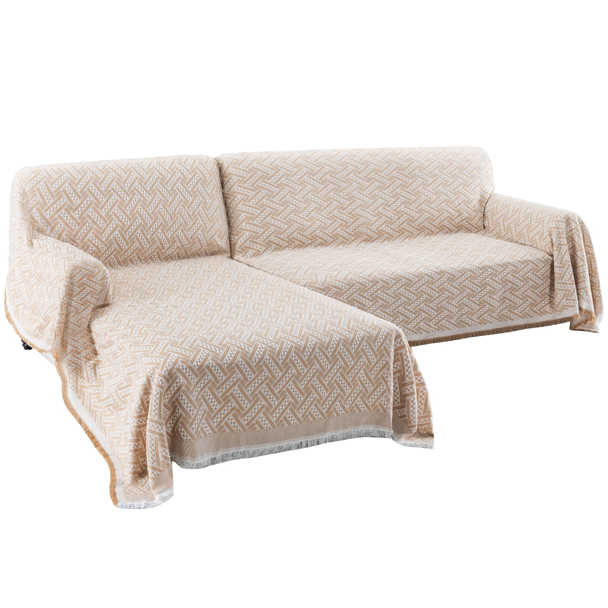 Photo 1 of Turquoize Sectional Couch Covers L Shape Couch Cover Sectional Sofa Cover Washable 2 Pieces Blanket for Sectional Sofa Feature Geometrical Woven Jacquard Fabric (Chaise/3 Seats, Khaki/White)