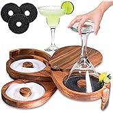 Margarita Salt Rimmer Set for Cocktails | 3 Tier Acacia Wood Glass Rimmer for Salt/Sugar/Lime Seasoning for Bloody Mary, Tequila | Drink Accessories for Bar (With Sponges)