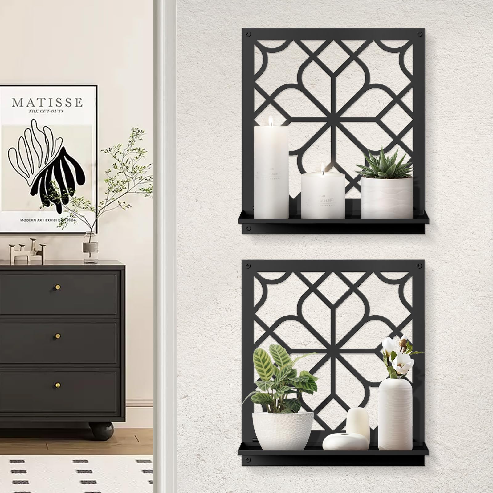 Photo 1 of Black Metal Wall Candle Holder Set of 2, Minimalist Rustic Aesthetics Wall Art Decor for Living Room Bedroom Bathroom (11.8 x 13 in)