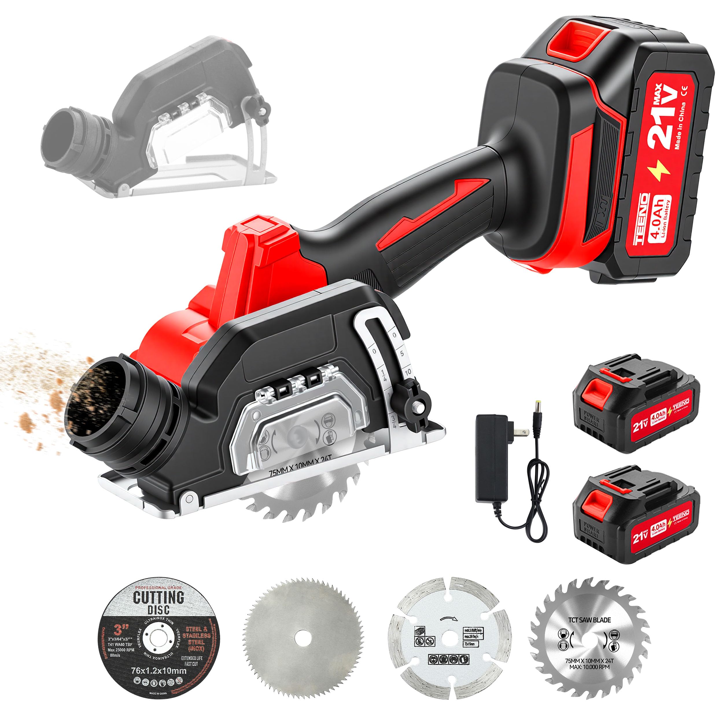 TEENO Akku-Mini-Handkreissäge, Akku Handkreissäge mit LED-Leuchte, 2x 4,0Ah-Akkus, Einstellbarer Schnittwinkel, 20000 U/min, 3 Sägeblätter inklusive Schleifscheibe für Metall, Holz und Fliesen