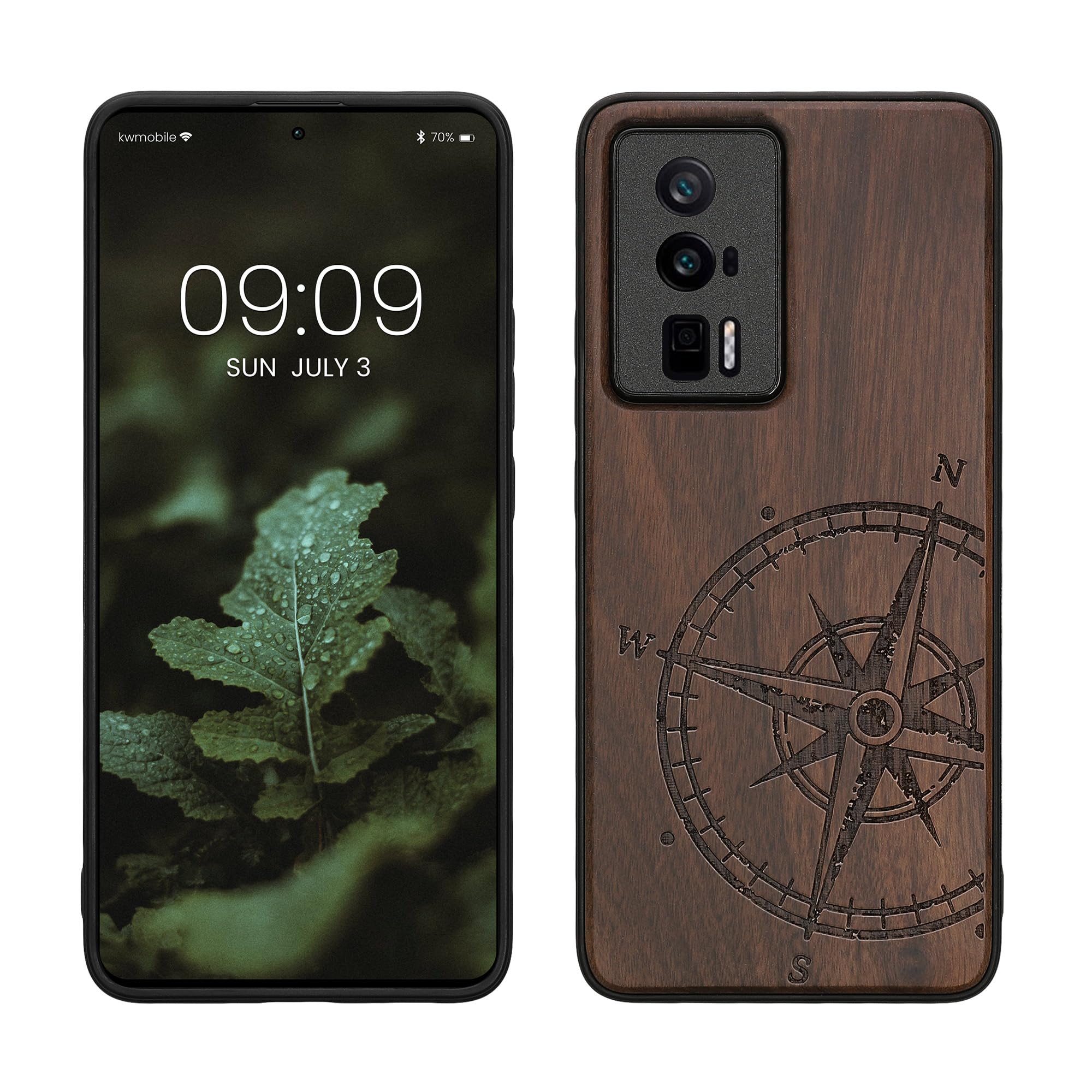 kwmobile Wood Case Compatible with Xiaomi Poco F5 Pro 5G Case - Cover - Navigational Compass Dark Brown