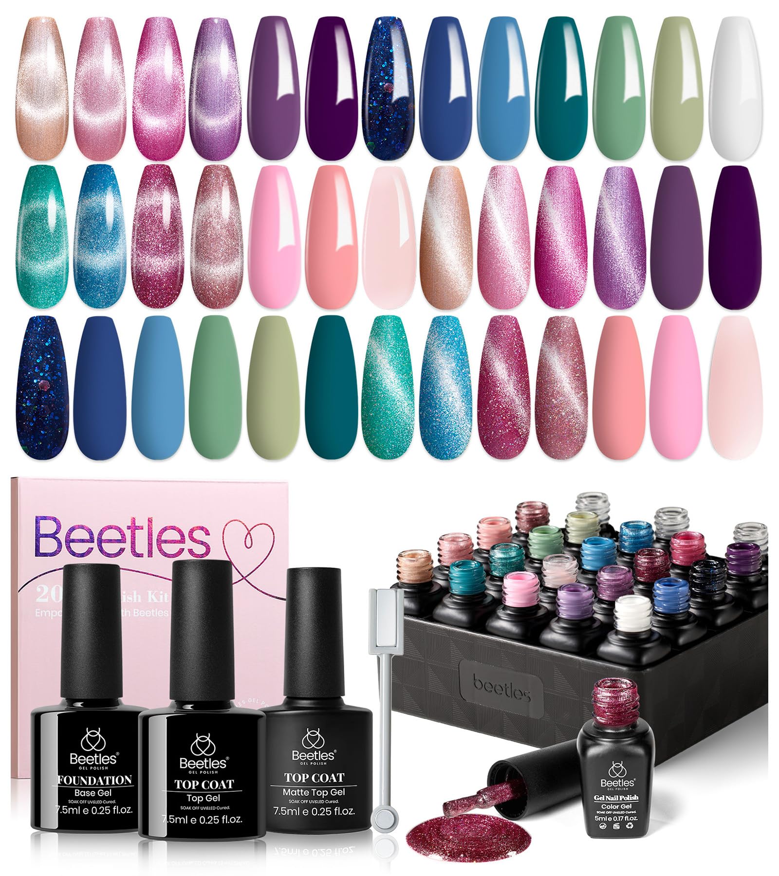 beetles Cat Eye Gel Nail Polish Set, 24Pcs Glitter Gel Nail Polish Blue Pink Purple Green Shimmer Colors Nail Polish with Magnet Stick Glossy & Matte Gel Top Base Coat UV Gift for Women & Girls - Image 8