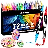 Pagather 72 Colors Acrylic Paint Markers, Dual Tip with Fine Tip and Brush Tip Pens for Stone, Wood, Calligraphy, Canvas, Ceramic, Metal, Glass, Rock Painting, DIY Crafts