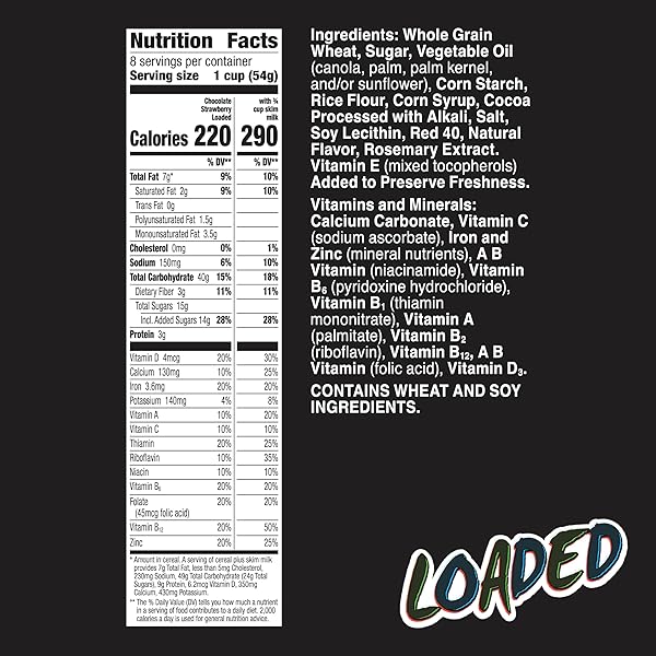 CHOCOLATE STRAWBERRY LOADED CEREAL, CRISPY CEREAL WITH NATURALLY AND ARTIFICIALLY FLAVORED CHOCOLATE CREME FILLING, MADE WITH WHOLE GRAIN, 15.6 OZ