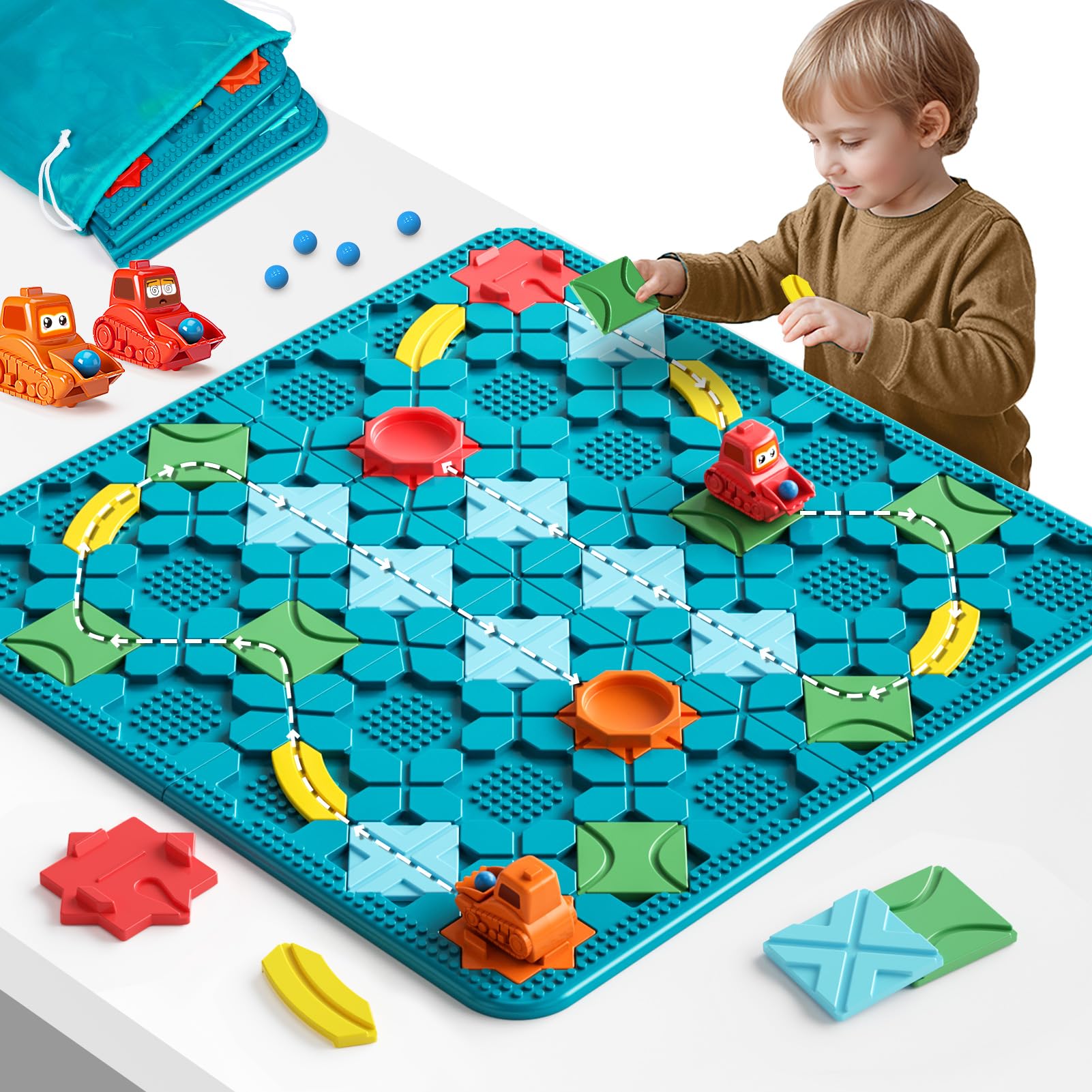 burgkidz Logischer Straßenbauer Brettspiel für Kinder 4 5 6 7 8 Jahre, 56 x 56 cm Großes Spielbrett Labyrinth Puzzle Logikspiel mit Rückzugbagger, STEM Geschenk Kinderspielzeug