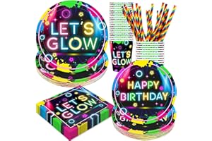 Glow Neon Birthday Party Supplies, 120Pcs Let's Glow Birthday Party Decorations Disposable and Radiant Tableware Includes Pla