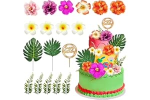 Firleayo 18pcs Hawaiian Flowers Cake Decorations Tropical Themed Cake Toppers Summer Flower Cupcake Topper with Palm Leaves Hibiscus Luau Cupcake Topper Aloha Beach Decor for Birthday Party Supplies