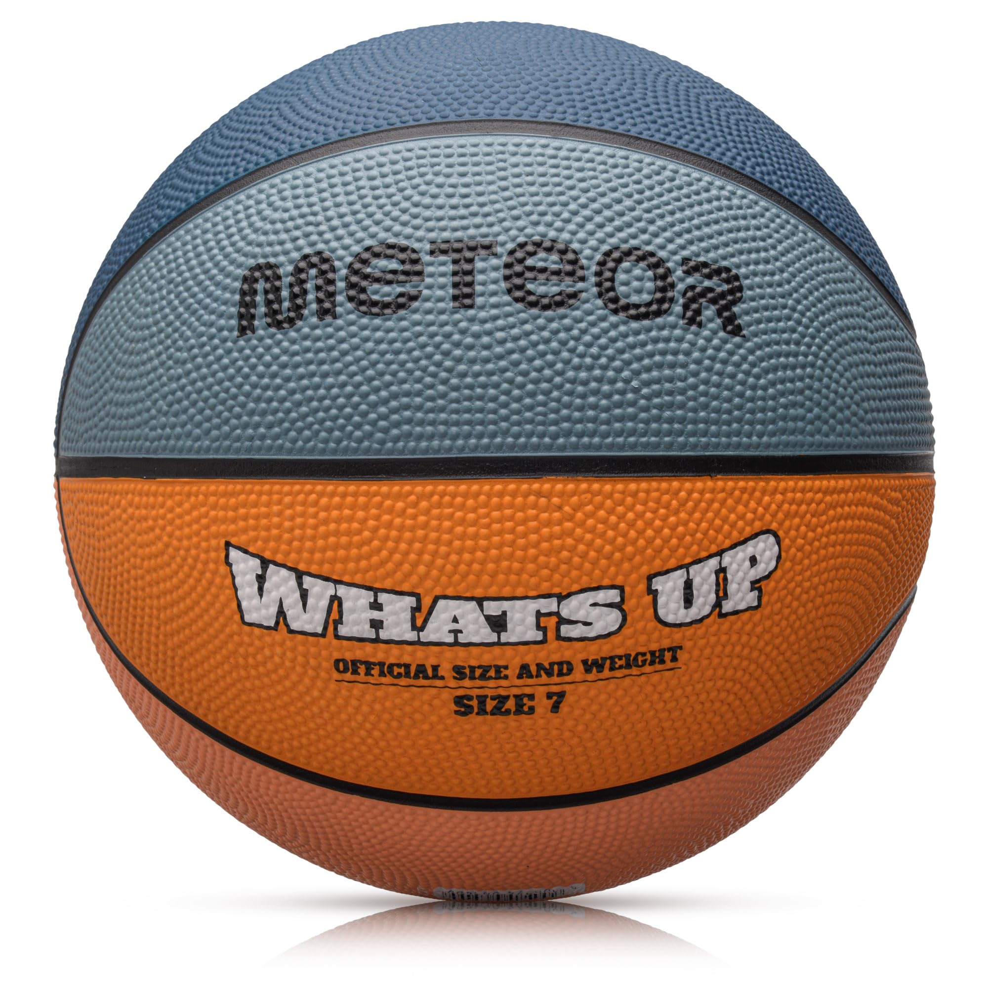 meteor - What's Up Kids' Mini Basketball – Durable Rubber Surface for Outdoor & Indoor Play – Mini Ball Deep Grooves for Better Grip - Abrasion Resistant, Non-slip Surface - Size 7 - Navy Blue/Orange