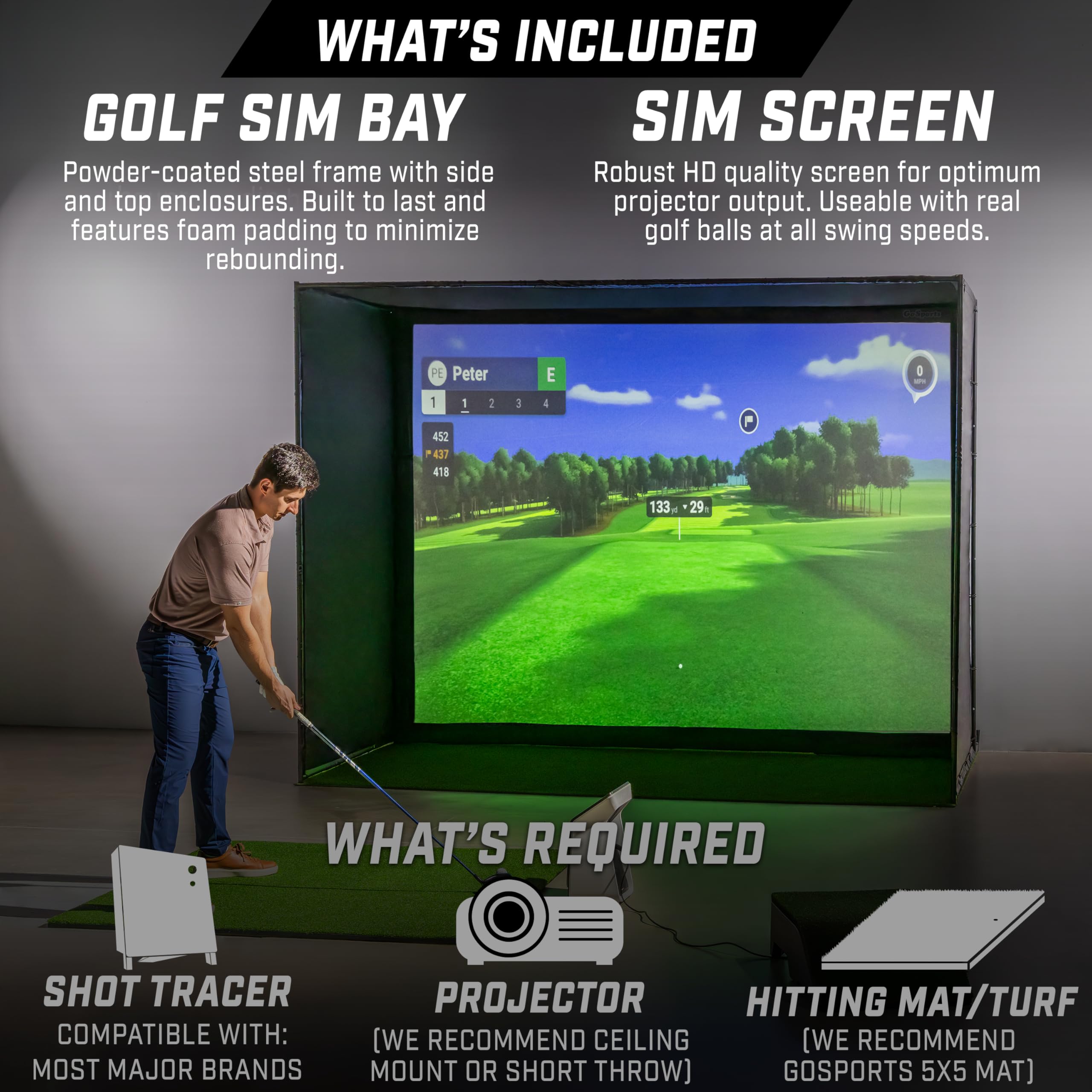 GoSports Golf Simulator Enclosure Nets - Choose 10 x 8 ft, 12 x 9 ft, or 14 x 8 ft - Complete Set with Frame and HD Impact Screen Kit