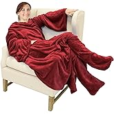 Catalonia Wearable Fleece Blanket with Sleeves and Foot Pockets for Adult Women Men, Micro Plush Comfy Wrap Sleeved Throw Blanket Robe Large, Wine