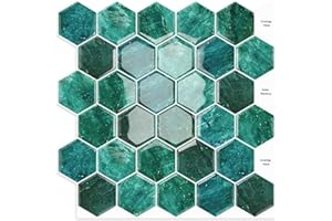 MOONFUN Green Marble Hexagon Peel and Stick Backsplash,12" x 12" Self Adhesive Back Splash Honeycomb Stick on Wall Tile for Kitchen,Bathroom,Fireplace,RV(10 Sheets)