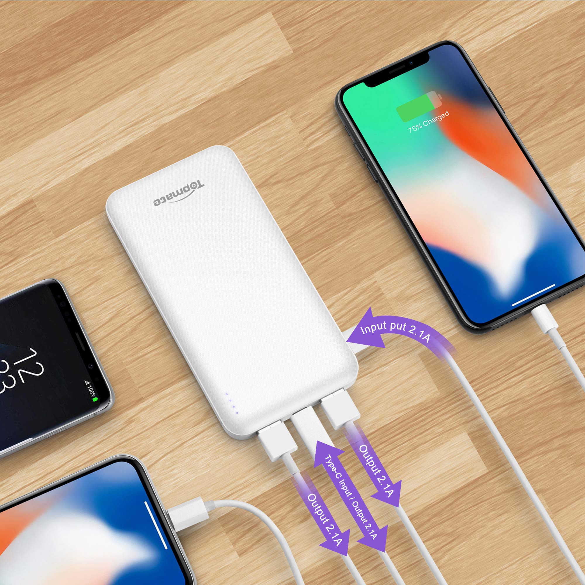 Topmate Power Bank Portable Charger 10000mAh External Battery Pack with Type-C Input & Output | Ultra Thin Design for Cellphone and Pad etc 丨White