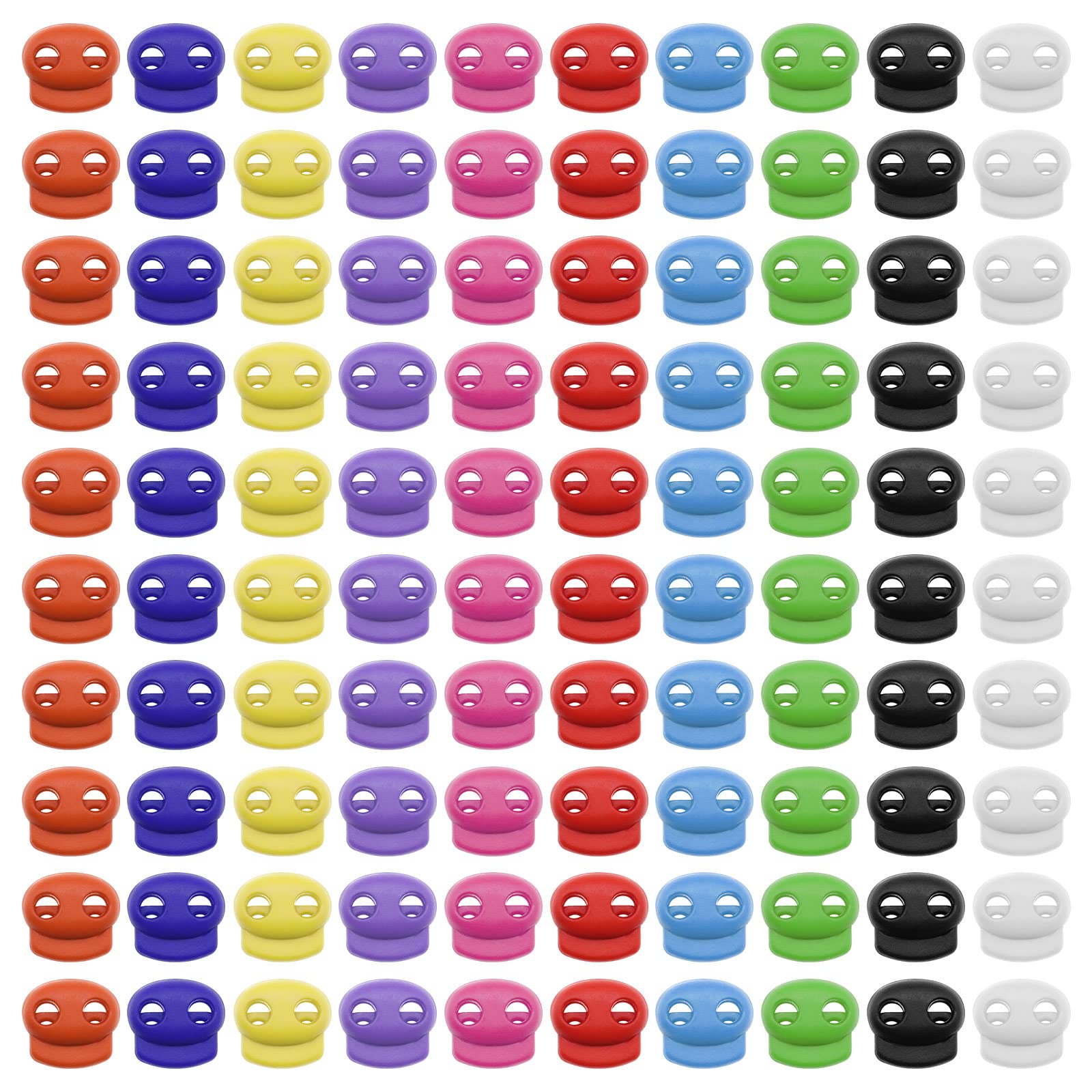 The Lord of the Tools 100PCS Plastic Spring Cord Locks Double Hole Cord Fastener End Oval Toggle Stopper for Drawstrings Shoelaces 10 Assorted Colours
