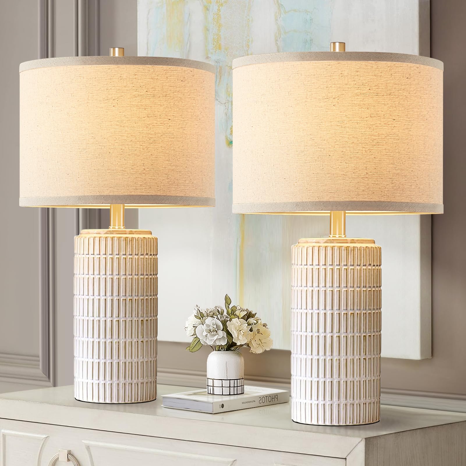 Photo 1 of AIEAMPDO 23'' Set of 2 Modern Ceramic Table Lamps for Living Room Bedroom, Nightstand Farmhouse Beige White Desk Lamp for Bedside End Table Entryway, 2 LED Bulbs Included