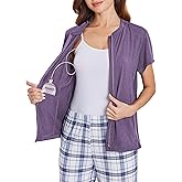 Deyeek Mastectomy Shirts with Drain Pockets Post Shoulder Surgery Tops for Women Chemo Port Short Sleeve with Zippers
