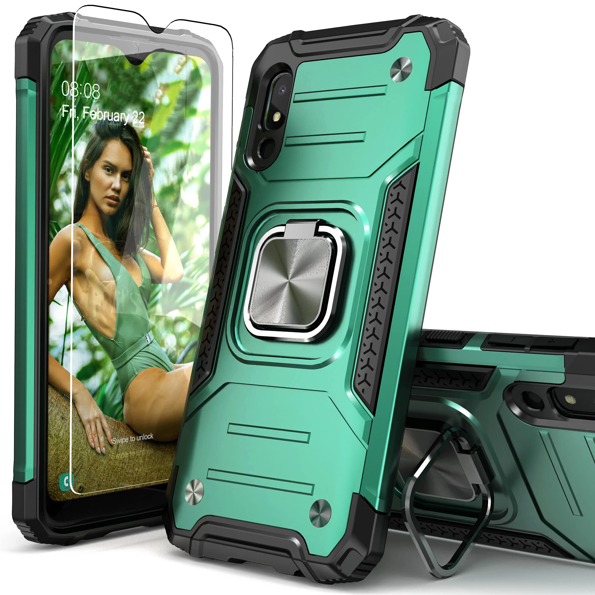IDYStar for Galaxy A10E Case with Screen Protector,Shockproof Drop Test Slim Fit Cover with Car Mount Kickstand Lightweight Protective Cover for Galaxy A10E,Dark Green