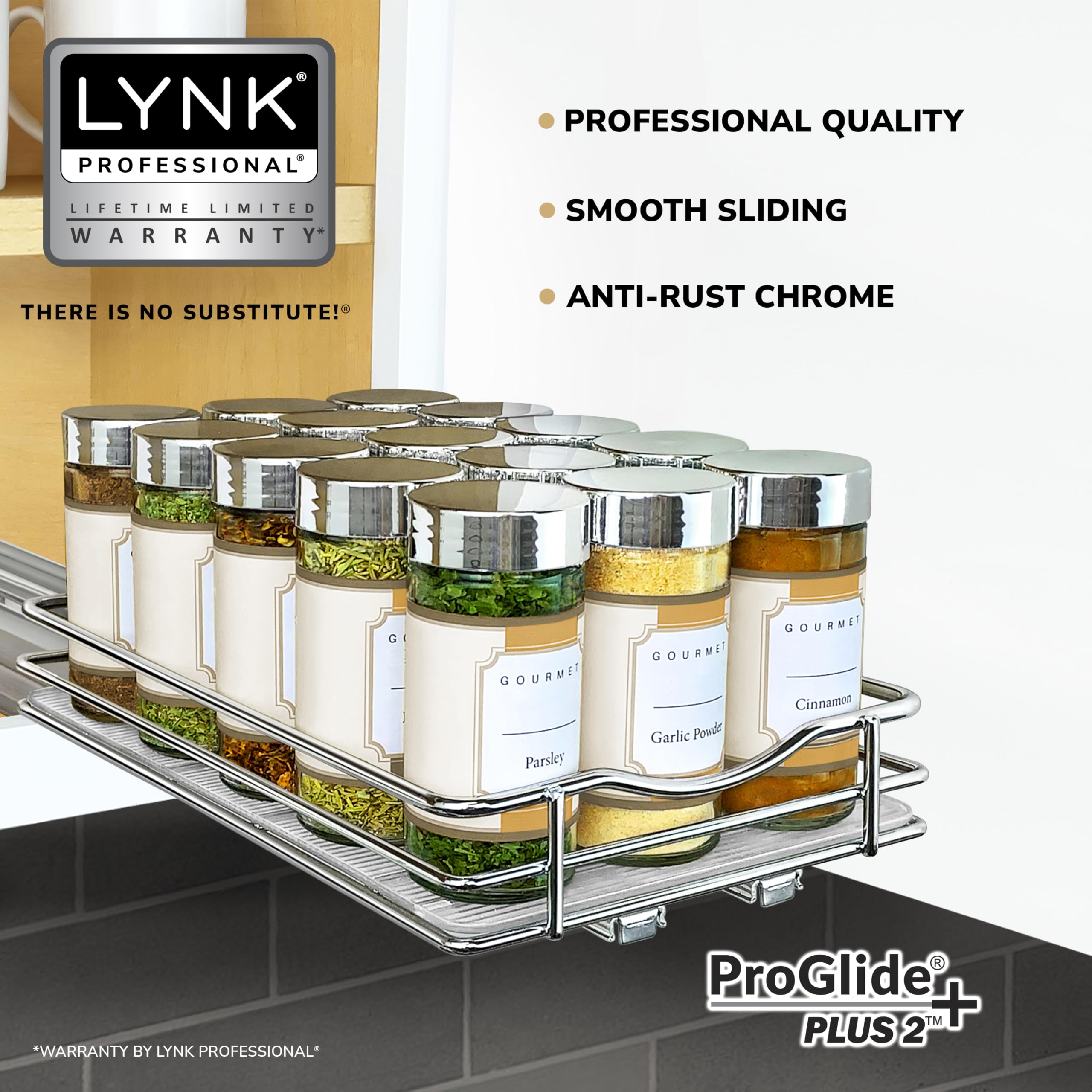 LYNK PROFESSIONAL® Pull Out Spice Rack Organizer for Inside Kitchen Cabinets - 6-3/8 inch Wide - Slide Out Drawer – Chrome Sliding Spice Cabinet Organization Shelf Racks - 1 Tier