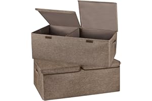 Valease 2 Pack Storage Boxes with Lids and Handles, Collapsible Linen Storage Bins Organizer Containers Baskets Cube with Removable Divider for Home Bedroom Closet Office (Coffee, Small)