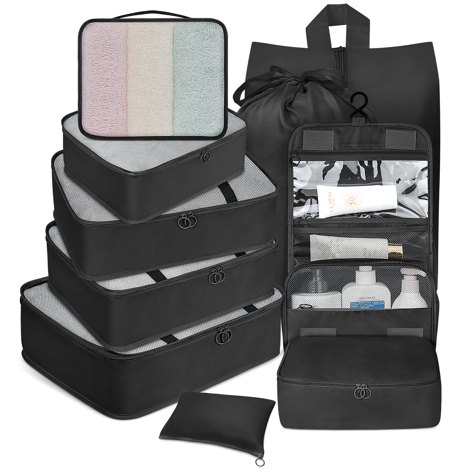 Photo 1 of 10 Set Packing Cubes for Travel, Travel Packing Cubes with Hanging Toiletry Bag and Shoe Bag, Luggage Organizer Bags for Suitcase Travel Essentials Women Men (Black)