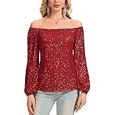 LADI TREND Women's Sequin Blouse Sparkly Glitter Off The Shoulder Top Long Sleeve Cocktail Party Club Shirt Evening Wear(Red,XL)