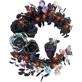 iWREATH 18 Inch Black Purple Pre-Lit Halloween Wreath for Front Door | Pre-Lit 30 orange LEDs, 3 black & a larger multicolor rose, skull accents black eucalyptus Halloween wreaths for front door