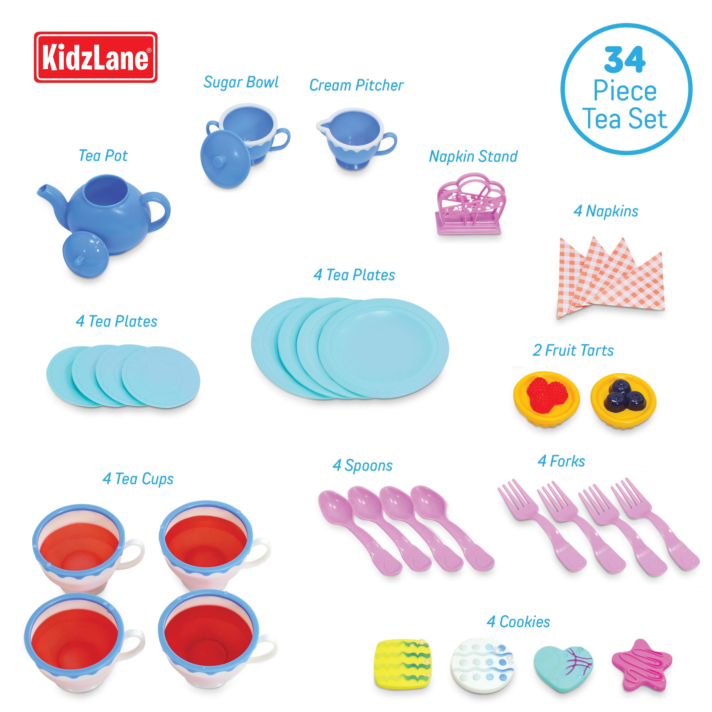 Kidzlane Play Tea Set for Little Girls - Kids Party With Water Activated Color Changing Cups and Cookies - 34 Piece Toy for Girls - Dishwasher Safe Plastic