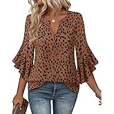 Bebonnie Womens Tops Dressy Casual Ruffle 3/4 Sleeve Henley V Neck Chiffon Blouses with Buttons