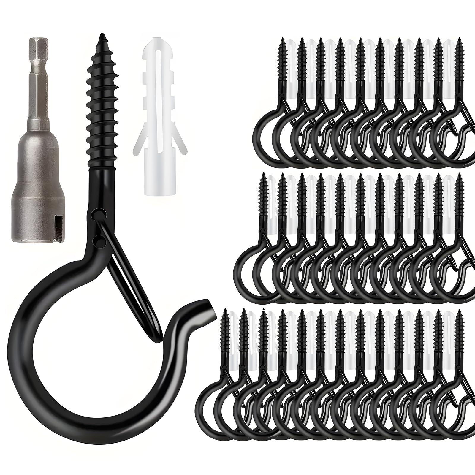 WHENZOO 35PCS Black Q Hanger Screw Hooks, 2.2inch with Safety Buckle, Windproof Outdoor Light Wire Ceiling Eye Hooks for Hanging Plants, Fairy Lights, Bird Feeder