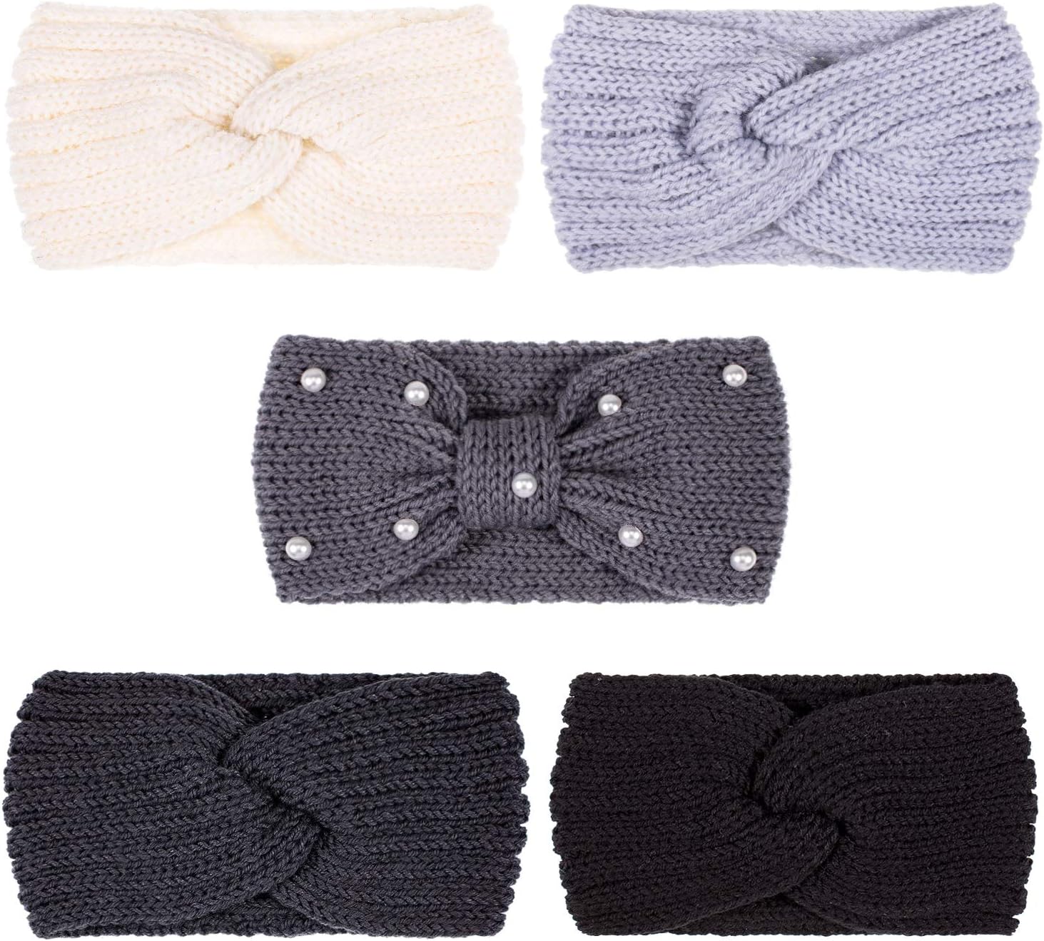 Whaline 5 Pieces Winter Knit Headbands Chunky Knit Headbands,4 Elastic Turban Head Wraps and 1 Pearl Crochet Hair Band
