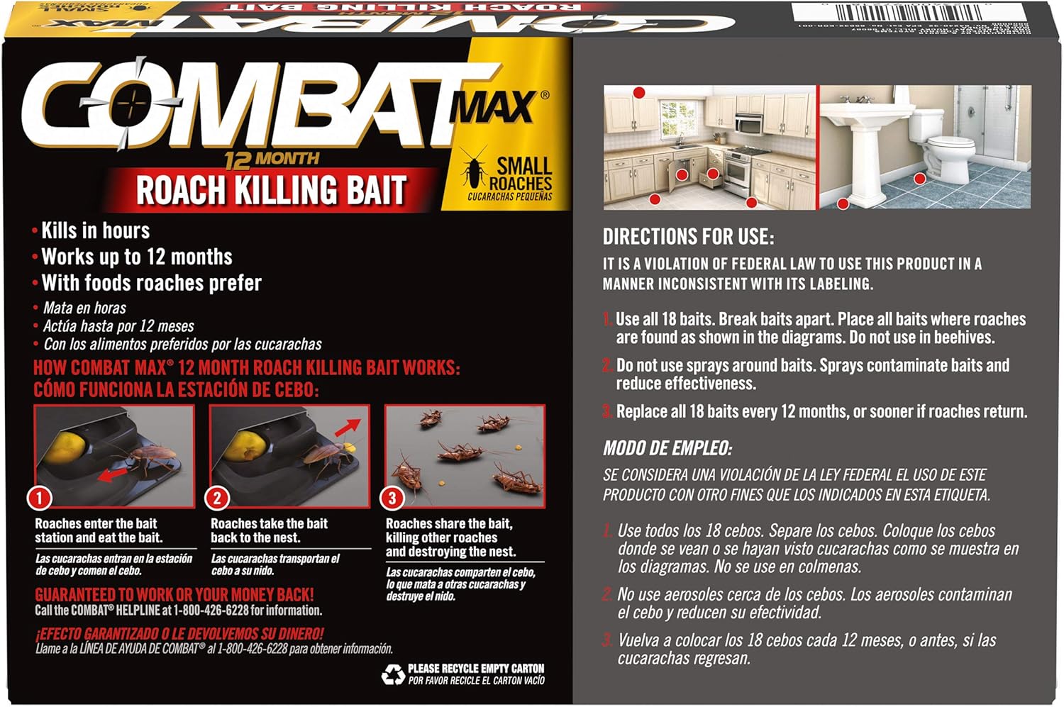 Combat Max 12 Month Roach Killing Bait, Small Roach Bait Station, Child-Resistant, 18 Count: Health & Personal Care