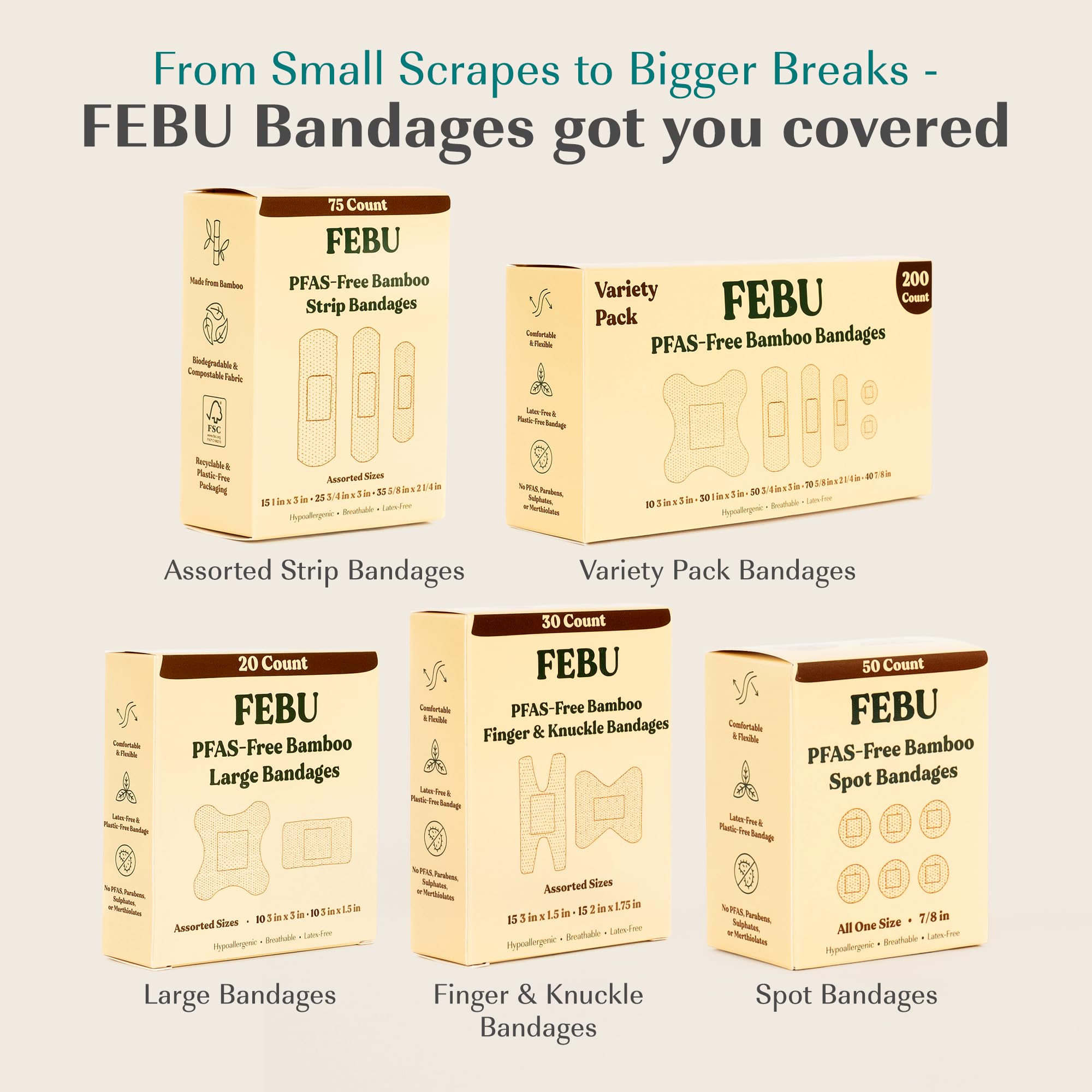 FEBU Eco-Friendly Bamboo Fabric Bandages | PFAS Free Flexible Fabric Bandages | Natural Hypoallergenic Bandage for Scrapes, Cuts & First Aid | Fully Compostable, Latex Free Bandage | 75 Count Strip